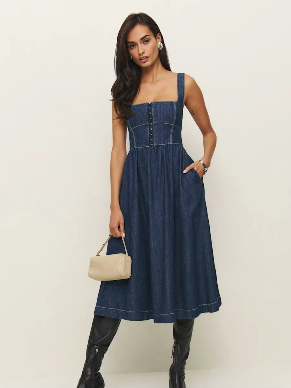 SZ 2 Reformation Florentina Denim Midi Dress NWT
